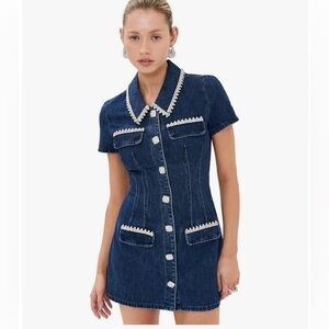 JESSICA BARA CRYSTAL COLLAR/BUTTON MINI BLUE DENIM DRESS SIZE M